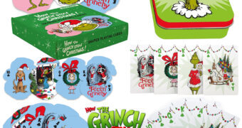 Baralhos de Natal Grinch e os Habitantes de Quemlândia em Lata de Luxo ou com Cartas Recortadas