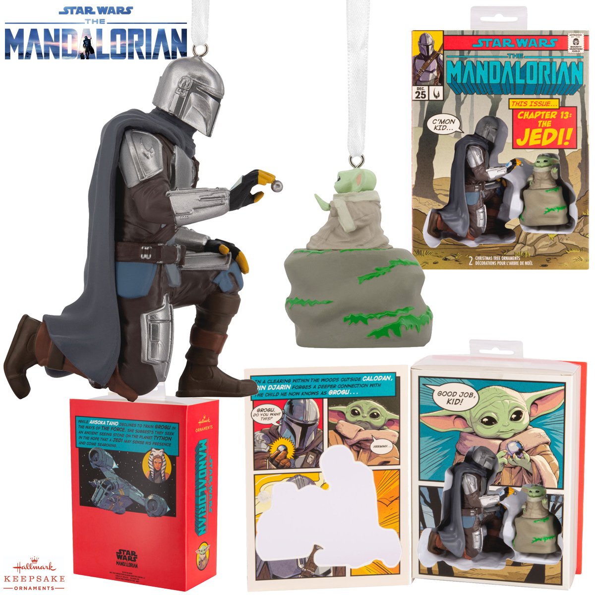 Enfeites de Natal Star Wars Mandalorian com Din Djarin e Grogu