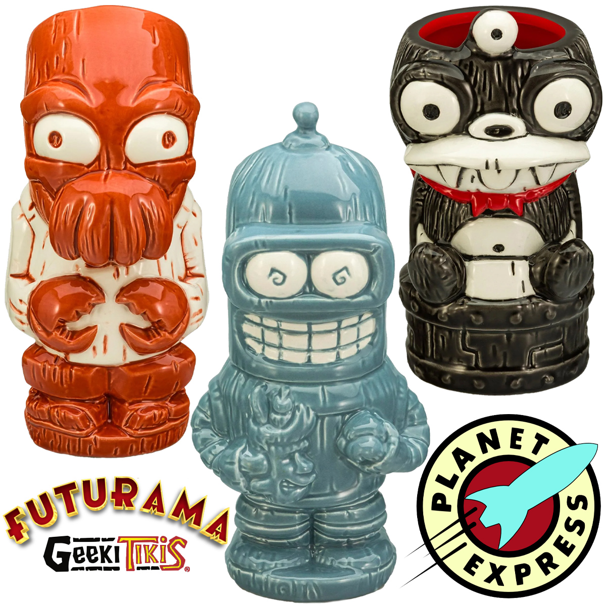 Canecas Futurama Geeki Tikis com Bender, Dr. Zoidberg e Nibbler