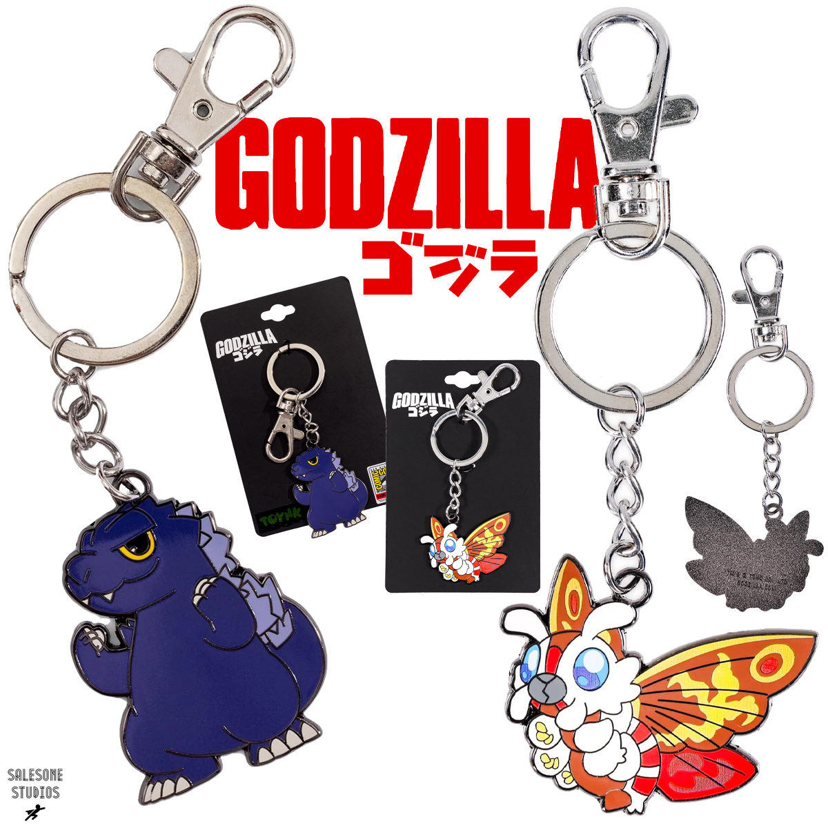 Chaveiros Godzilla e Mothra Chibi de Metal Esmaltado