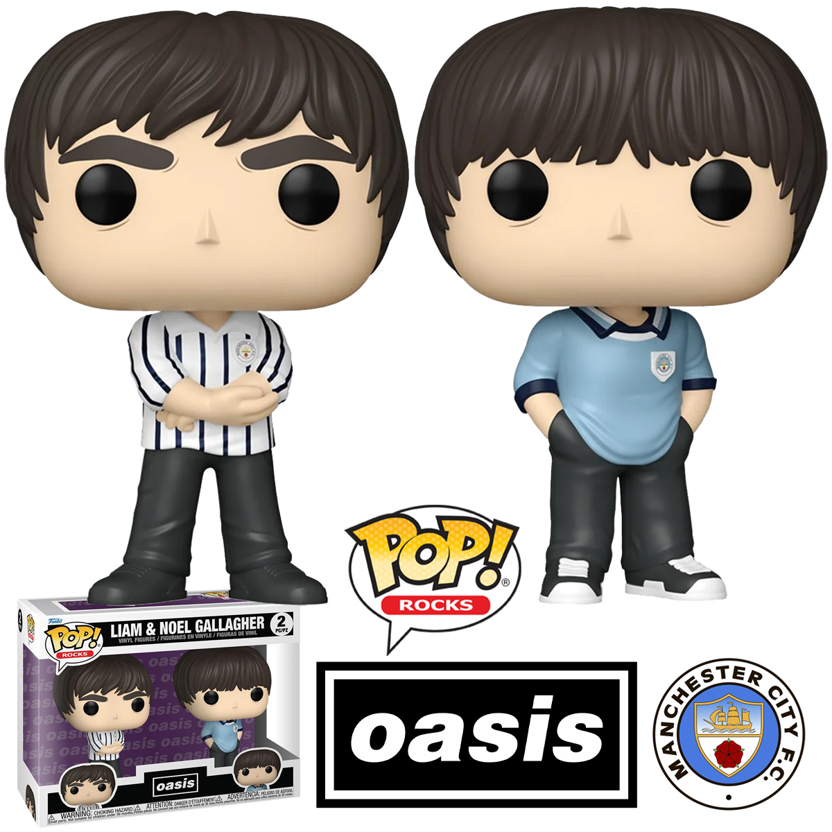Bonecos Pop! Oasis: Liam e Noel Gallagher com Camisas do Manchester City