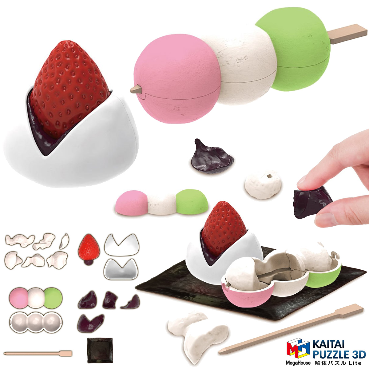 Quebra-Cabeça 3D Kaitai Puzzle com Doces Wagashi: Daifuku de Morango e Dango Tricolor