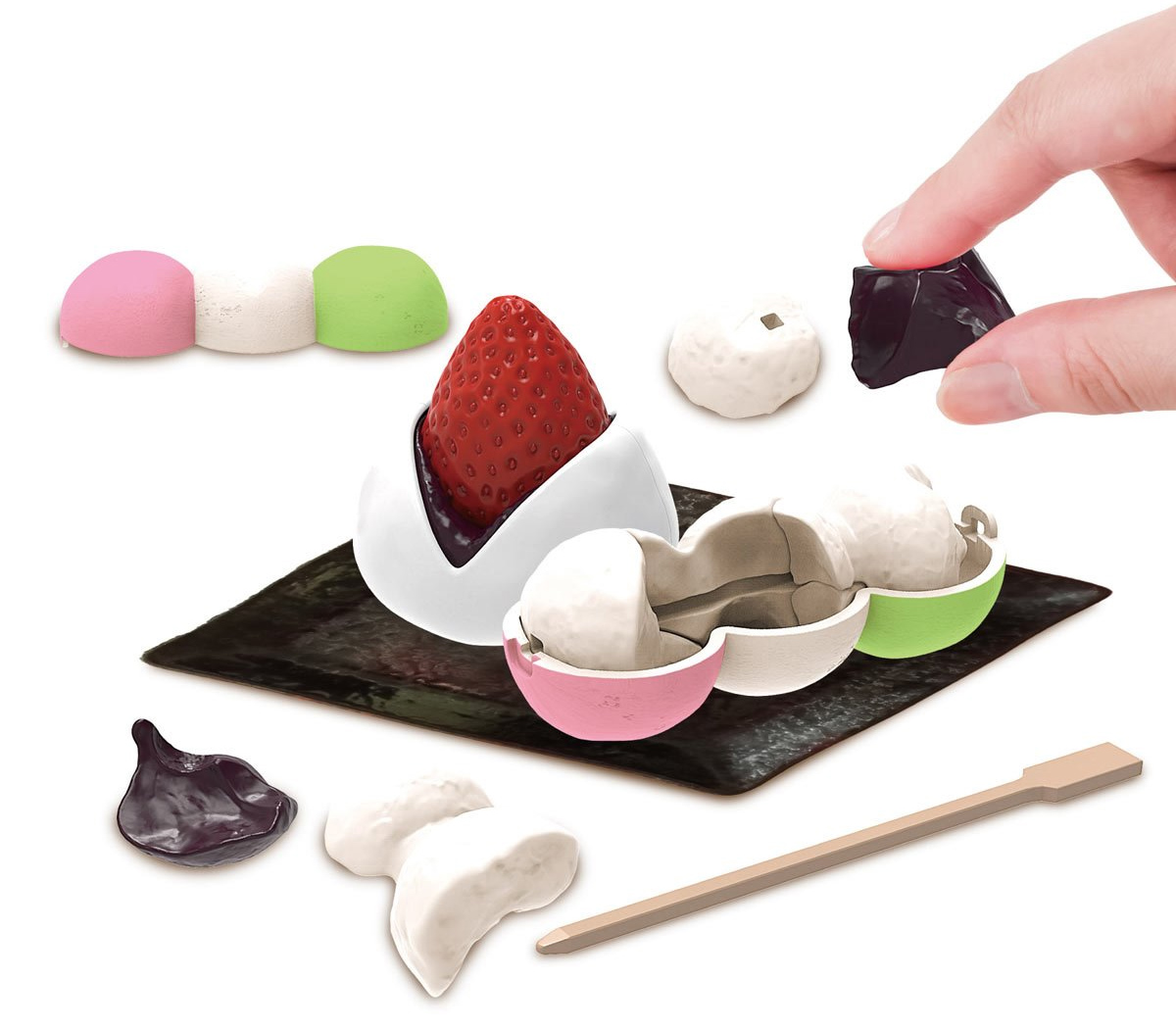 Quebra-Cabeça 3D Kaitai Puzzle com Doces Wagashi: Daifuku de Morango e Dango Tricolor