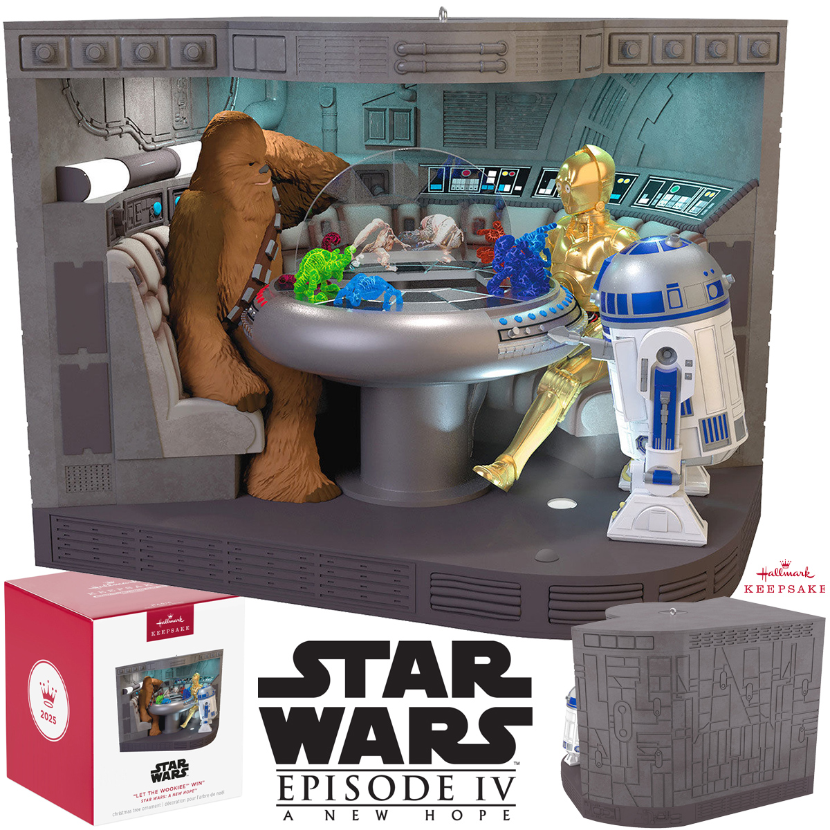 Enfeite de Natal Chewbacca e R2-D2 jogando Dejarik