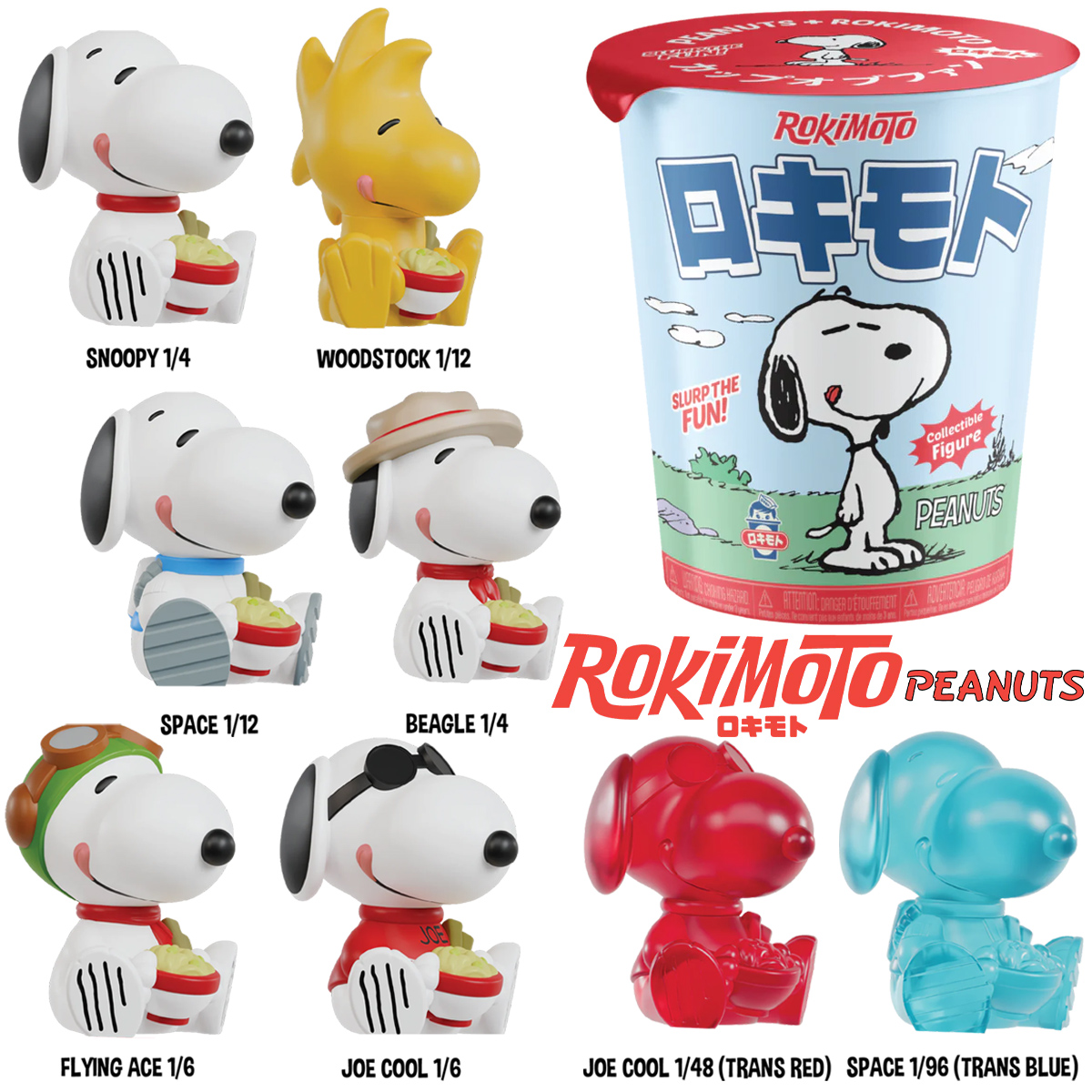 Mini-Figuras Snoopy Peanuts em Copos de Miojo “Cup Noodles Rokimoto” (Blind Box)