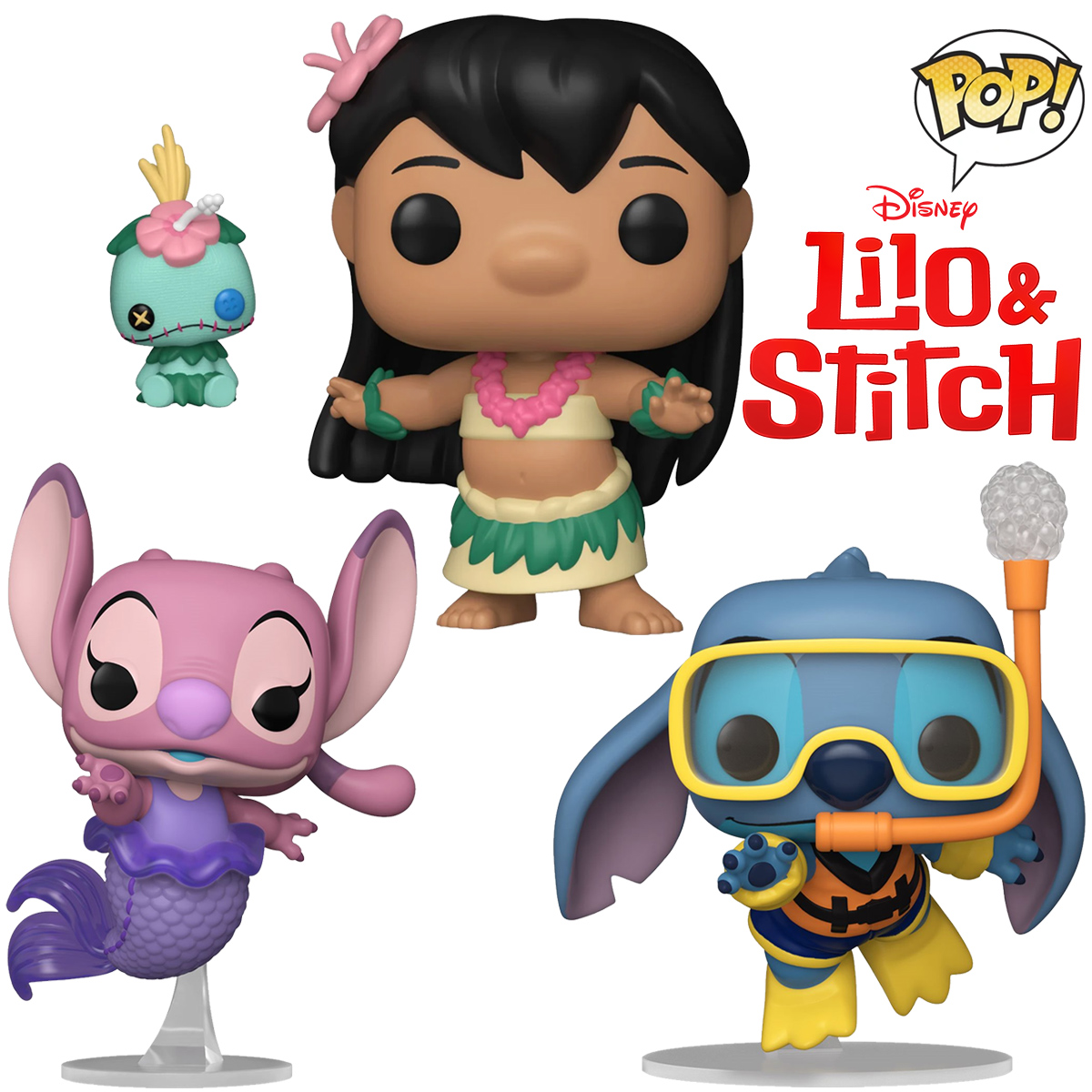 Bonecas Funko Pop! com Lilo e Xepa Hula, Stitch com Snorkel e Angel Sereia