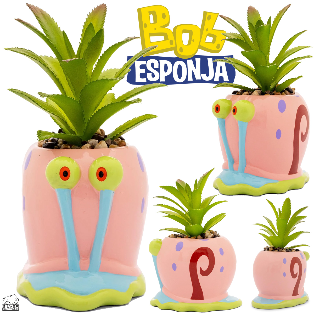 Mini-Vaso de Plantas Caracol Gary com Suculenta Artificial (Bob Esponja Calça Quadrada)