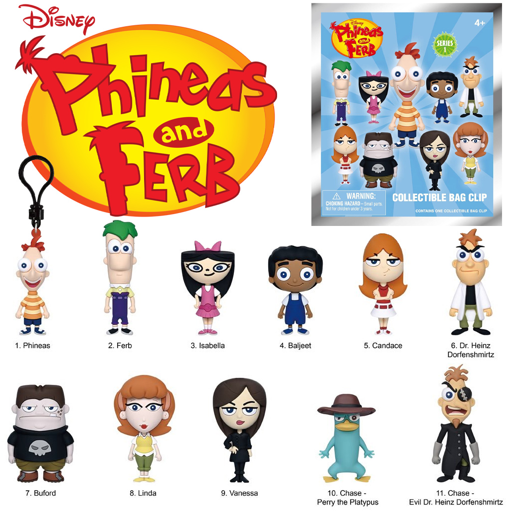 Chaveiros da Série Animada Phineas e Ferb 3D Figural Bag Clips (Blind-Bag)