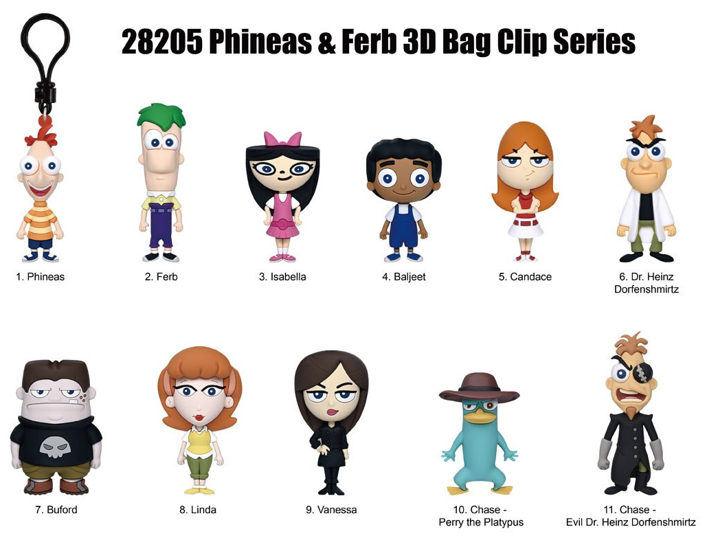 Chaveiros da Série Animada Phineas e Ferb 3D Figural Bag Clips (Blind-Bag)