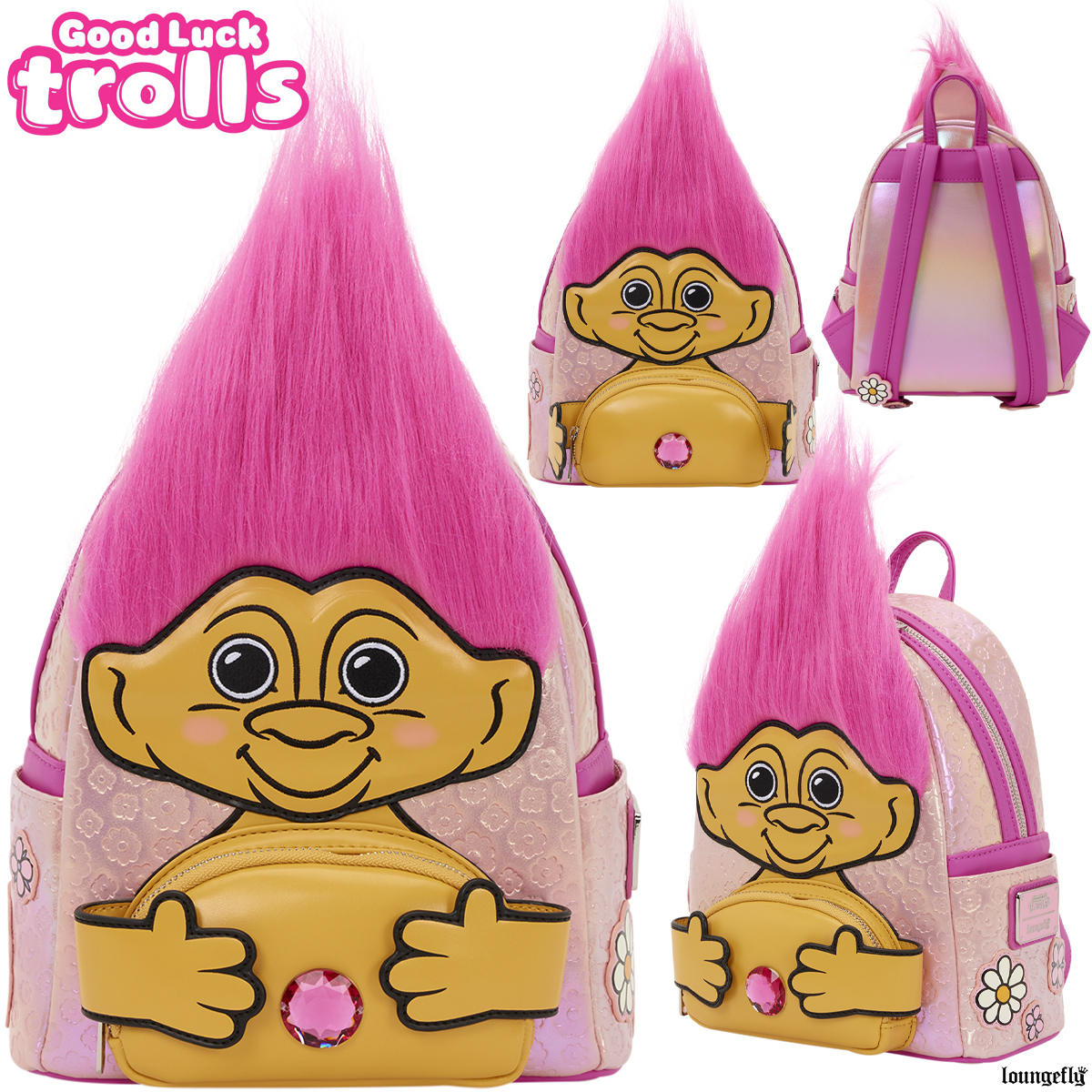 Mini-Mochila Troll da Sorte com Cabeleira Rosa (Good Luck Troll Doll)
