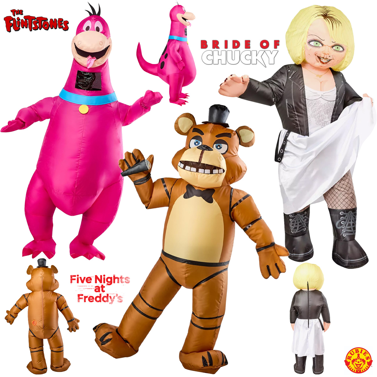 Fantasias de Carnaval Infláveis: Freddy Fazbear, Dino (Flintstones) e Tiffany, a Noiva de Chucky