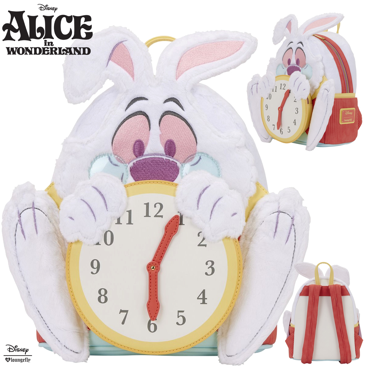 Mini-Mochila de Pelúcia Coelho Branco com Relógio (Alice no País das Maravilhas)