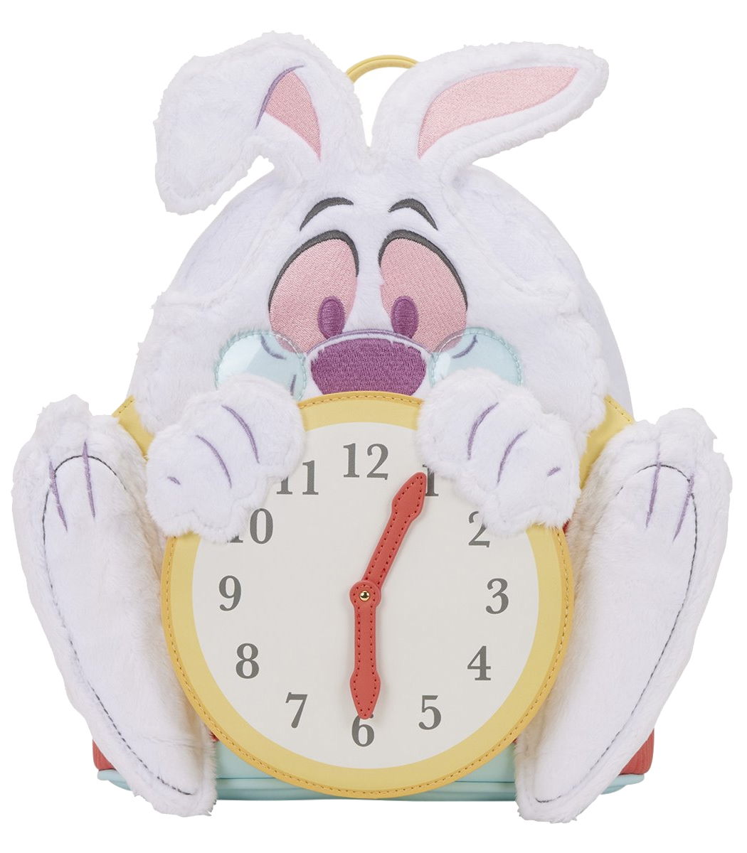 Mini-Mochila de Pelúcia Coelho Branco com Relógio (Alice no País das Maravilhas)