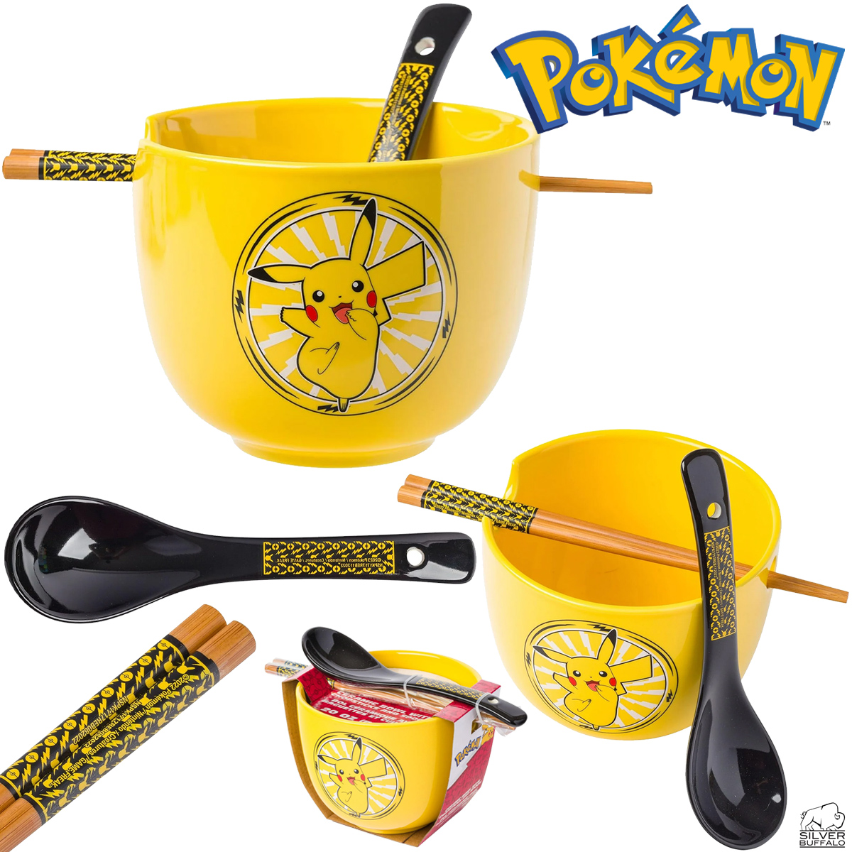 Tigela Ramen Pokémon Pikachu Feliz com Colher e Hashis
