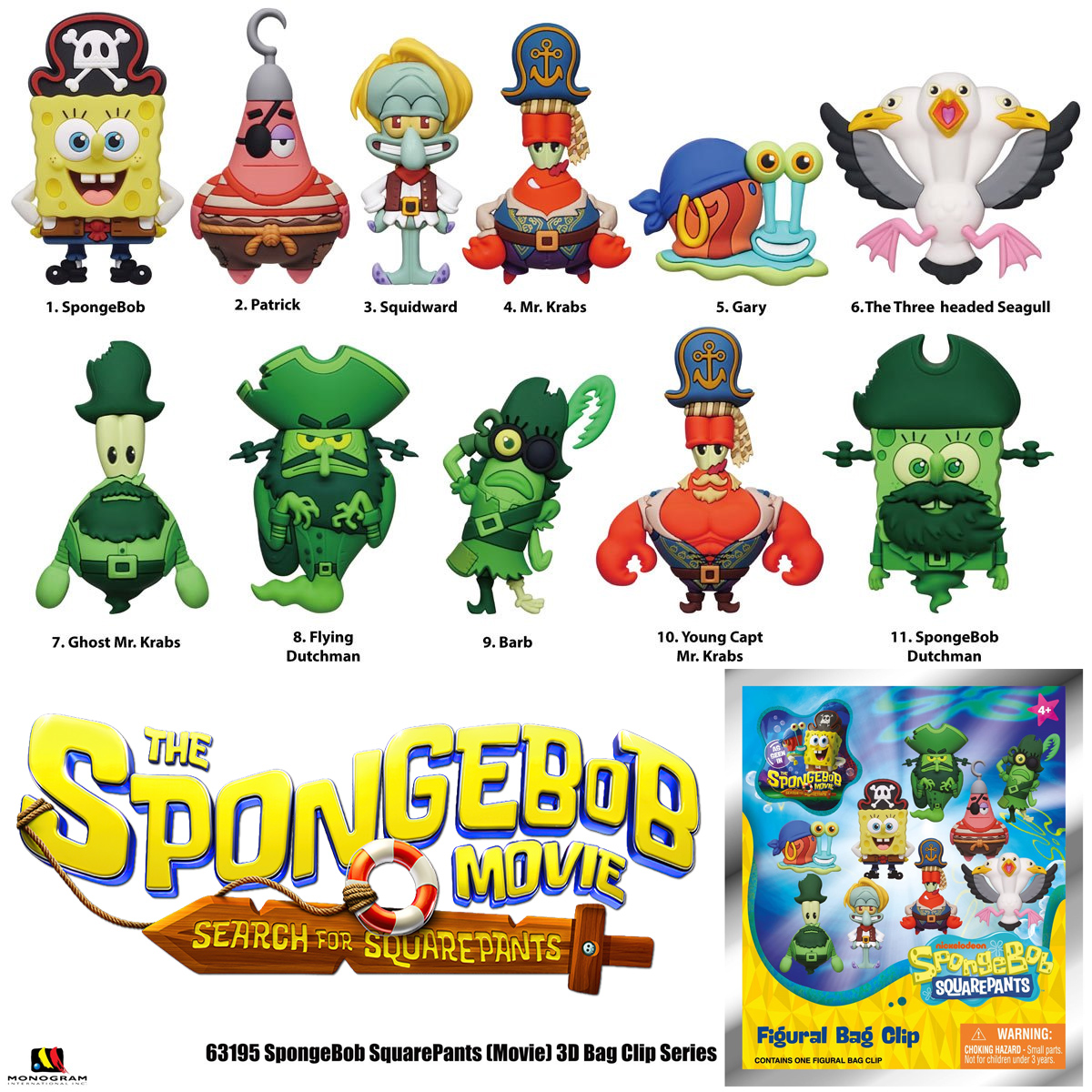 Chaveiros Bob Esponja: Em Busca da Calça Quadrada 3D Figural Bag Clips
