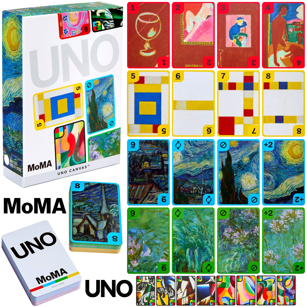 Jogo UNO Canvas x MoMA com Cartas de Matisse, Mondrian, Van Gogh e Monet