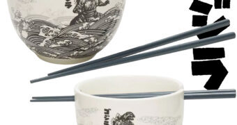 Tigela Ramen Godzilla em Meio a Ondas em Estilo Ukiyo-e