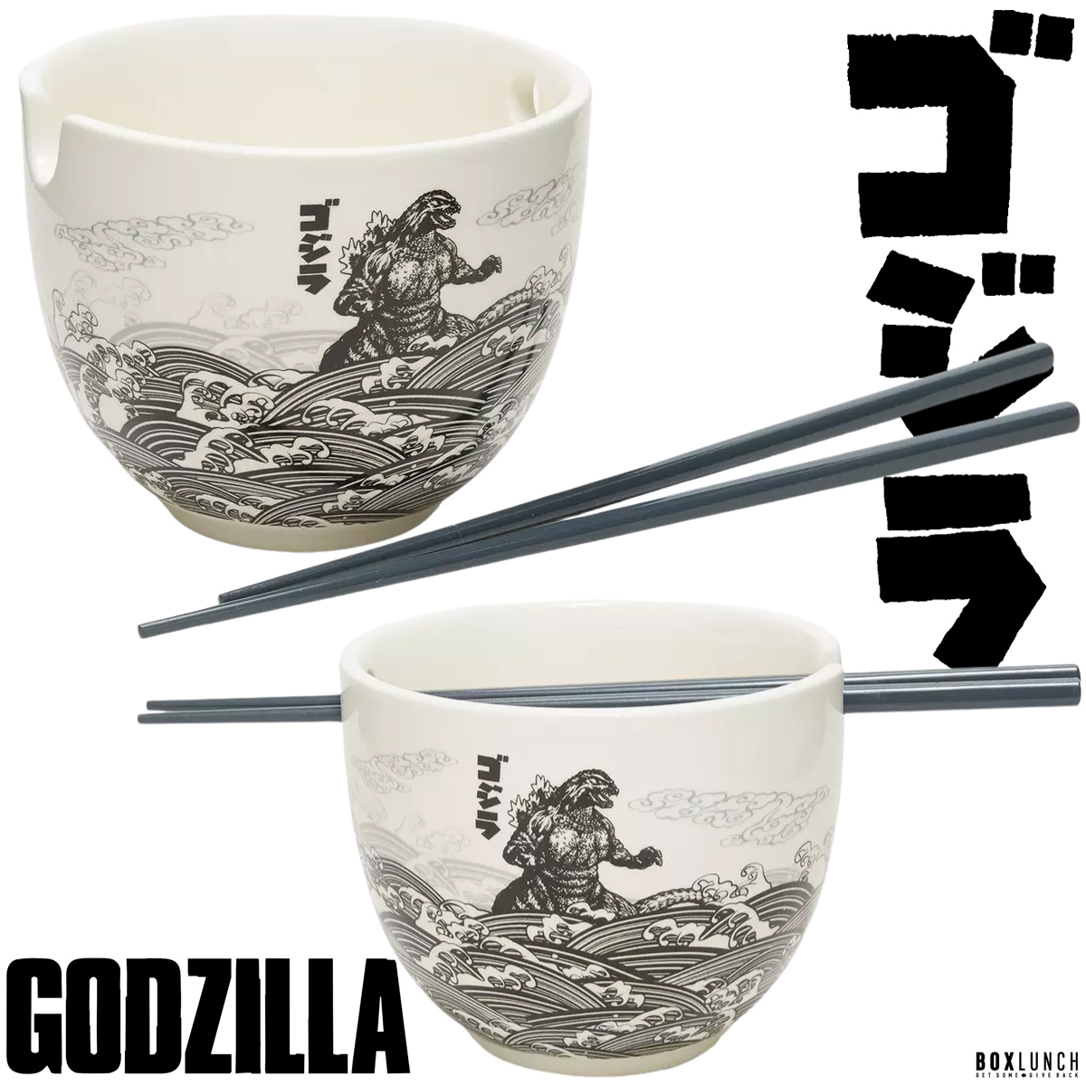 Tigela Ramen Godzilla em Meios a Ondas em Estilo Ukiyo-e