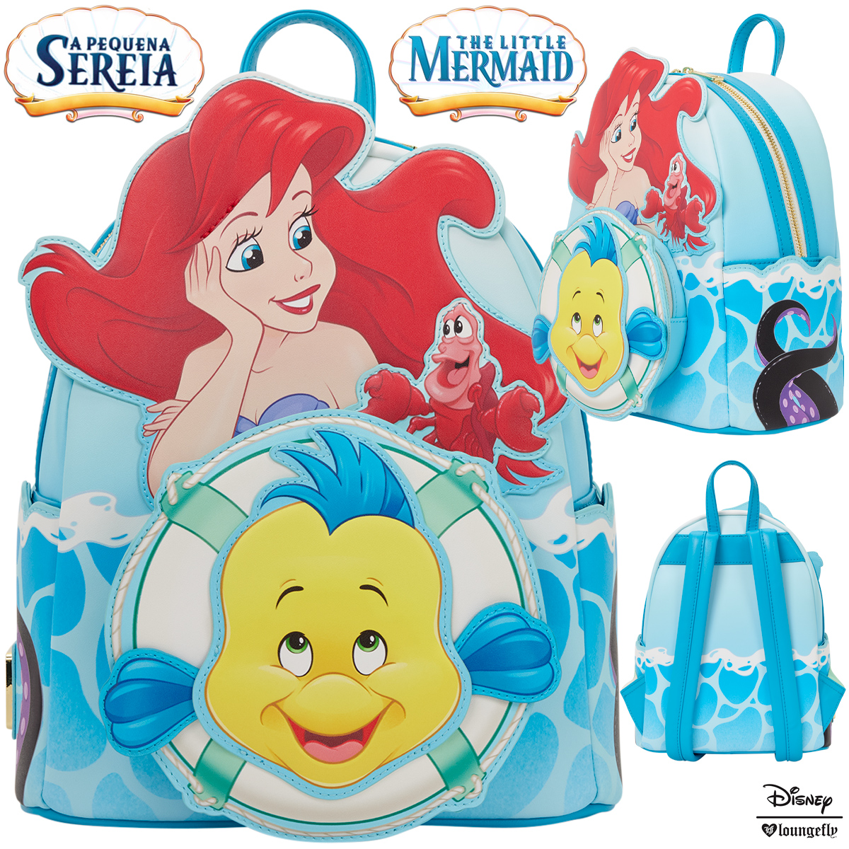 Mini-Mochila A Pequena Sereia com Ariel, Sebastião e Linguado