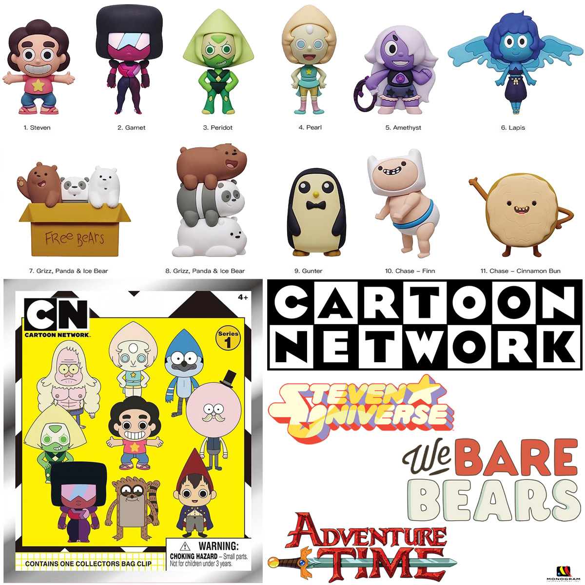 Chaveiros Cartoon Network 3D Figural Bag Clips com Steven Universe, Ursos Sem Curso e Hora de Aventura