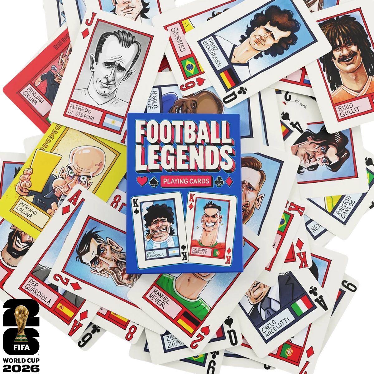 Baralho Lendas do Futebol com Caricaturas de Halvor Mjaugedal (Copa do Mundo 2026)