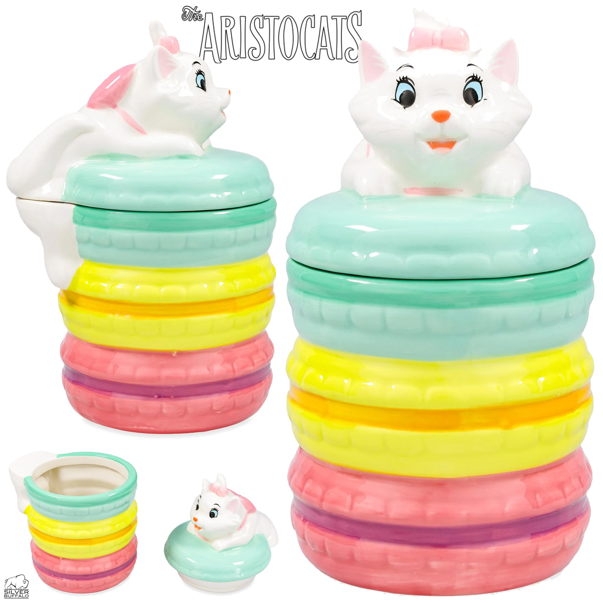 Pote de Cookies Aristogatas com Marie e uma Pilha de Macarons