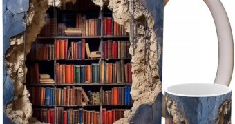Caneca com Biblioteca Escondida Dentro da Parede (Hole in a Wall Bookshelf)