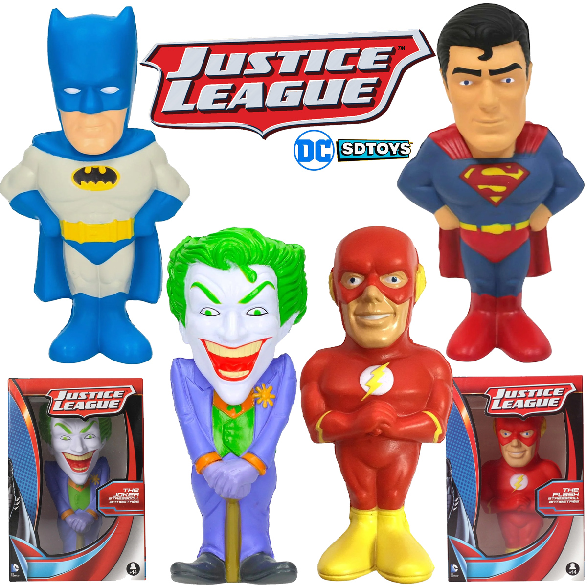 Bonecos Anti-Stress Liga da Justiça: Superman, Flash, Batman e Coringa