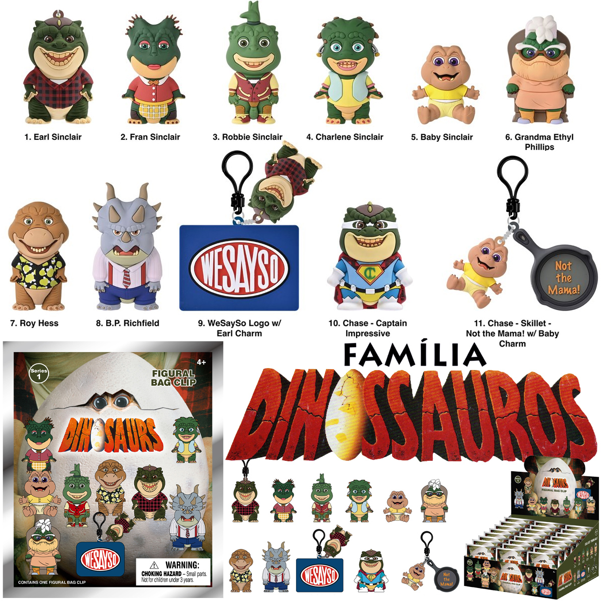 Chaveiros Família Dinossauros 3D Foam Bag Clips com Dino da Silva Sauro e outros
