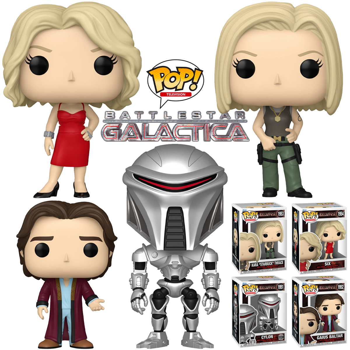 Battlestar Galactica (2004) Funko Pop! com Cylon, Gaius, Starbuck e Six