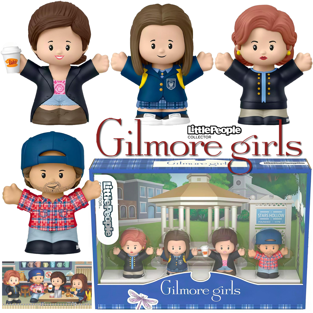 Bonequinhas Gilmore Girls Little People Collector com Rory, Lorelai, Emily e Luke Danes