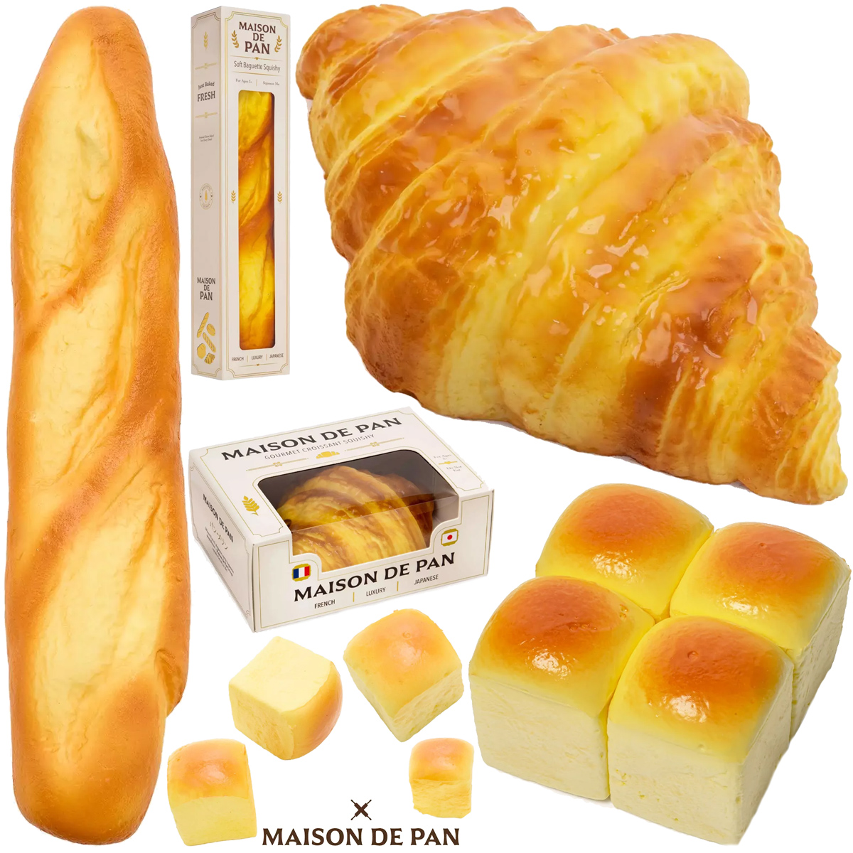 Brinquedos Anti-Stress da Maison De Pan: Croissant, Baguete e Pão Havaiano